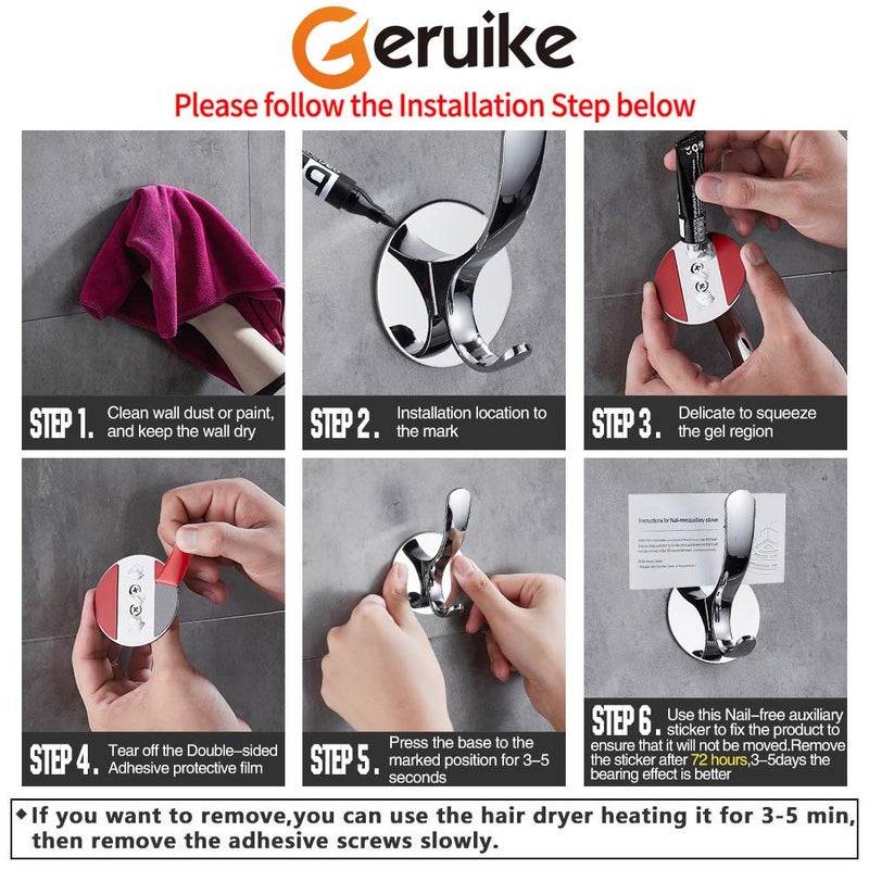 GERUIKE Adhesive Coat Hooks Stainless Steel Self Adhesive Robe Towel Bathroom Kitchen Wall Hook No Screws Damage Free - Image 5